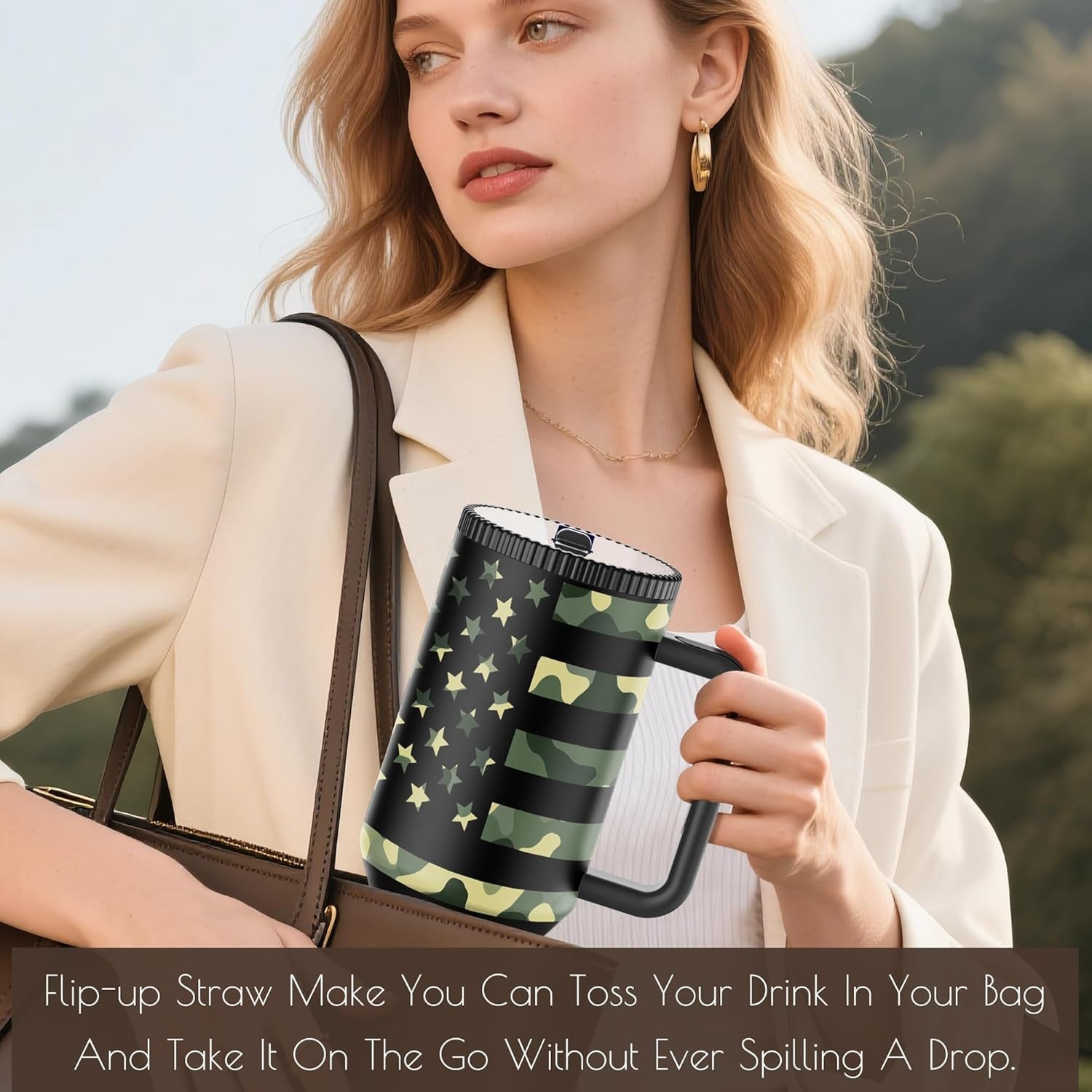 40 Oz Stainless Steel Tumbler with Handle and Flip Straw Lid - Upgraded (Camo Flag)