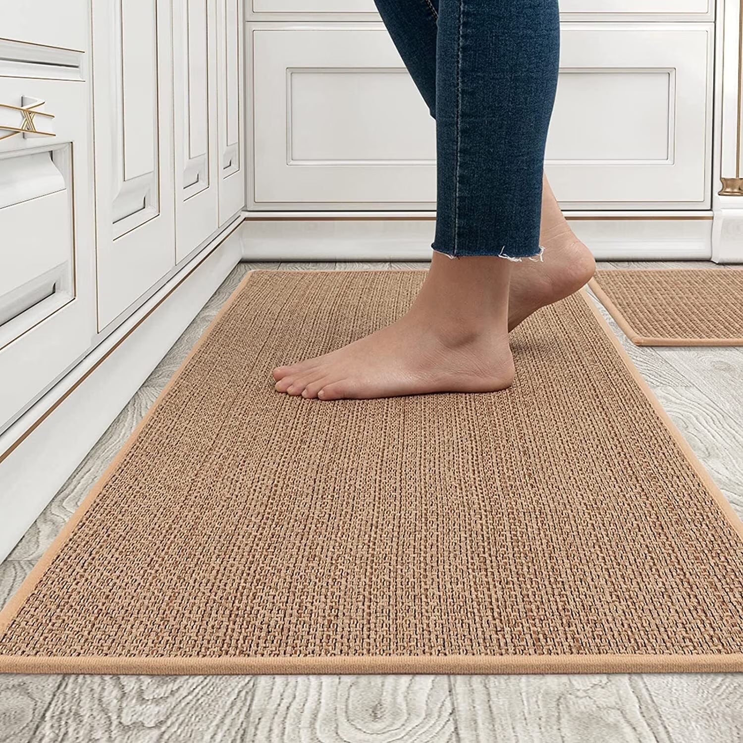 Non-Slip Kitchen Mat Set 2PCS Washable Rugs – 17"x30" + 17"x47" Floor Runner for Sink, Laundry, Hallway – Oats Beige