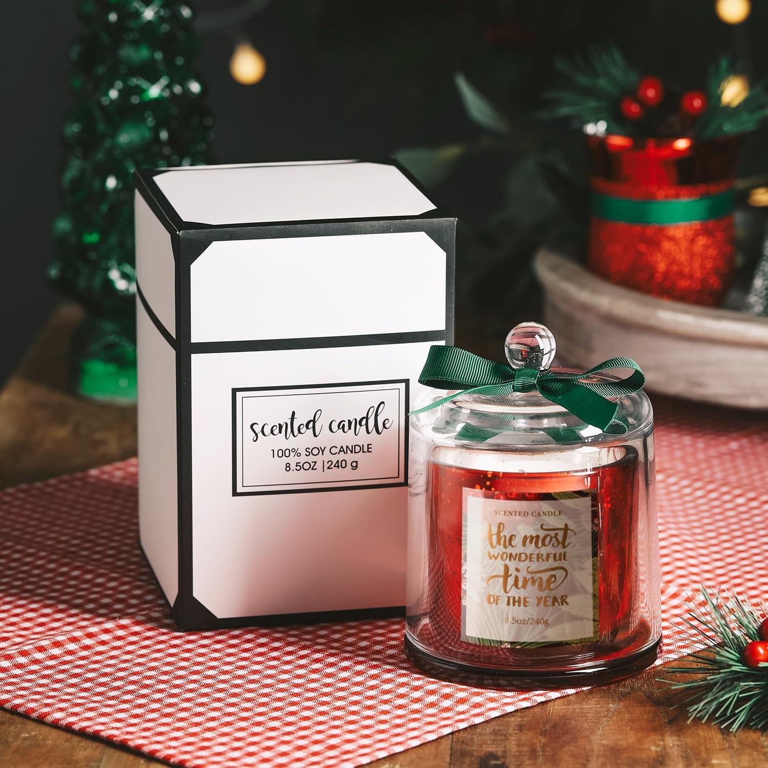 Pine Scented Christmas Candle, Natural Soy Wax,8.5Oz, Red