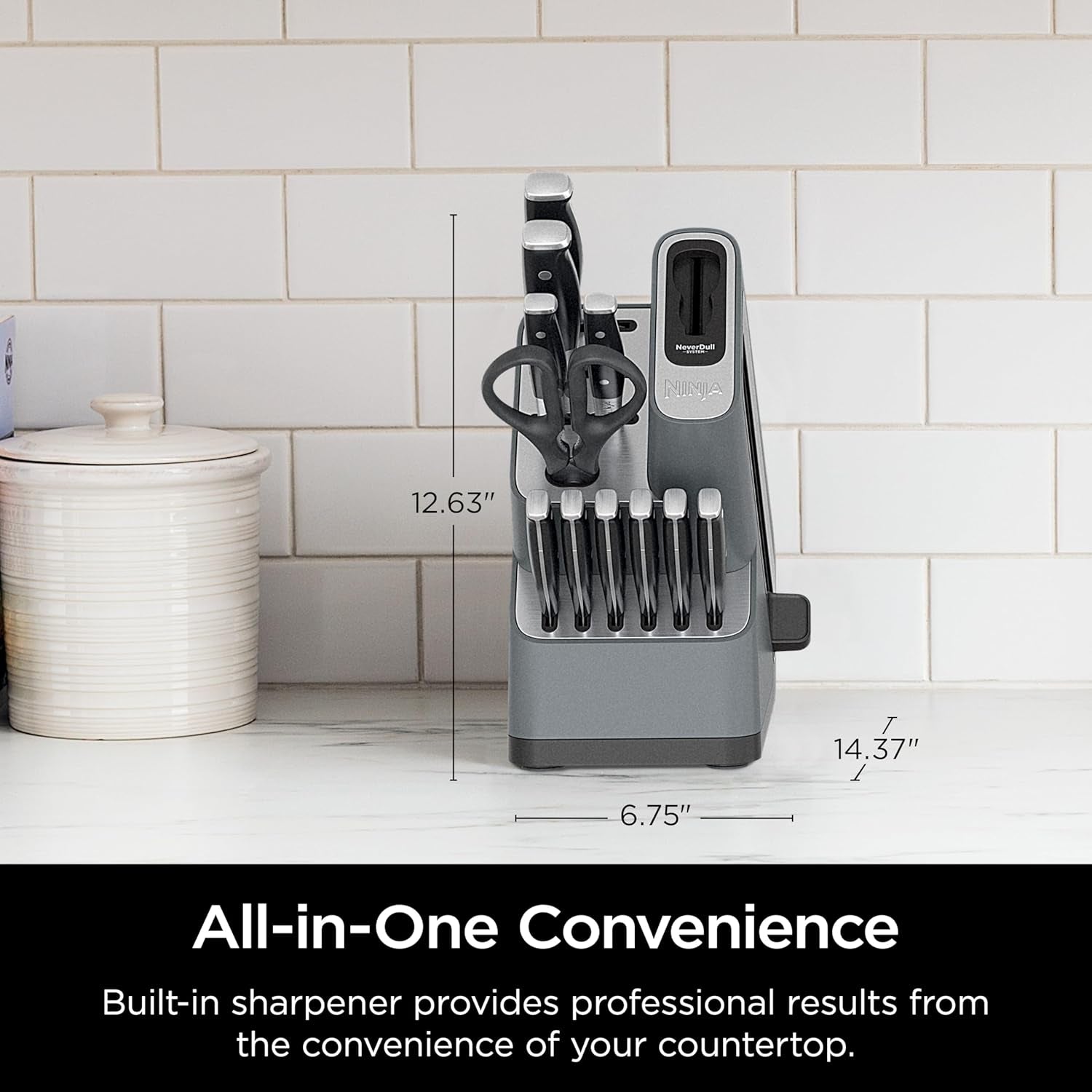 Premium Knife System, 12 Piece Knife Block Set with Built-In Sharpener, German Stainless Steel Knives, Black