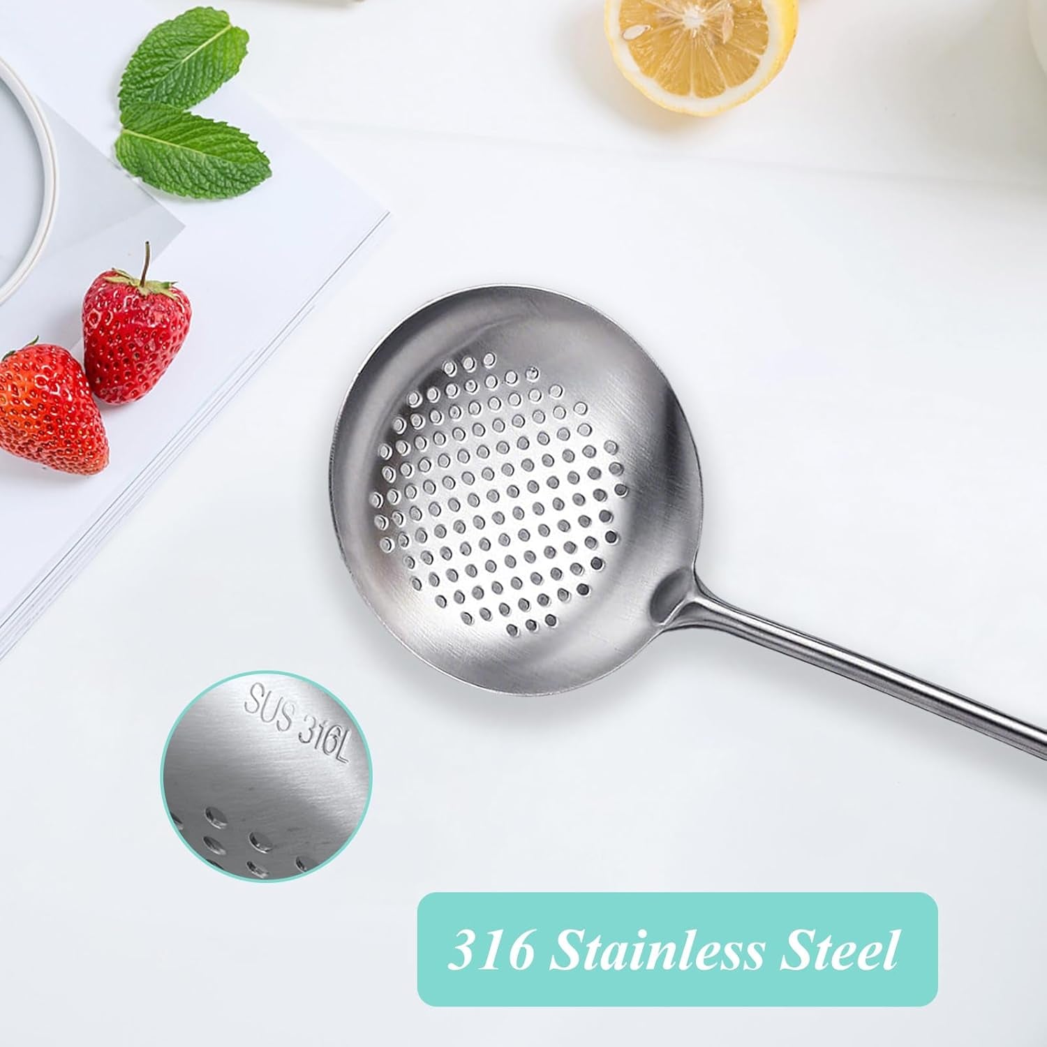 Stainless Steel  Slotted Spoon Skimmer, Long Handle Food Strainer