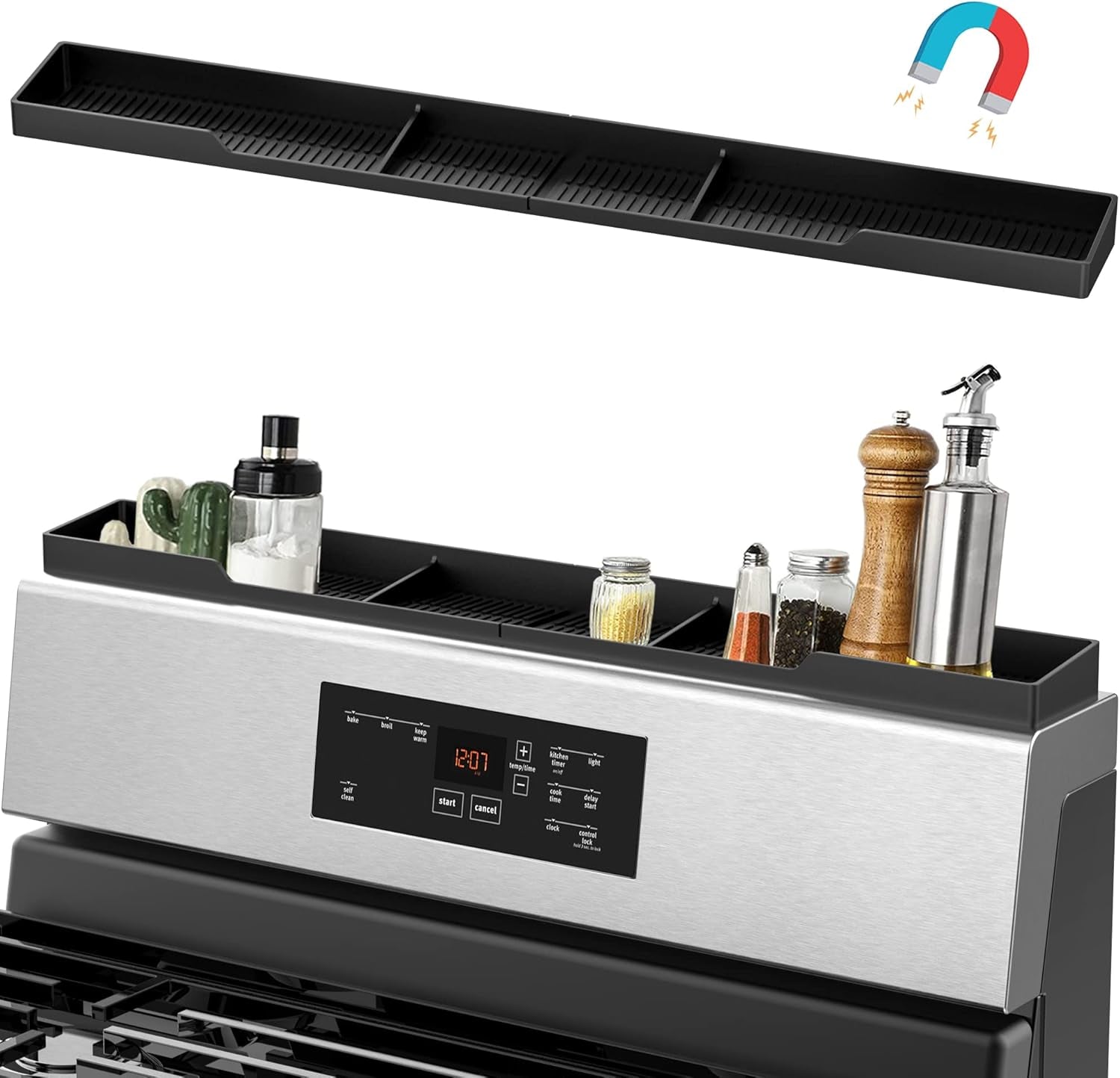 Stove Top Shelf 30 Inch - Silicone Material Magnetic Shelf for Stove - 3 Functional Partitions Kitchen Spice Rack Organizer