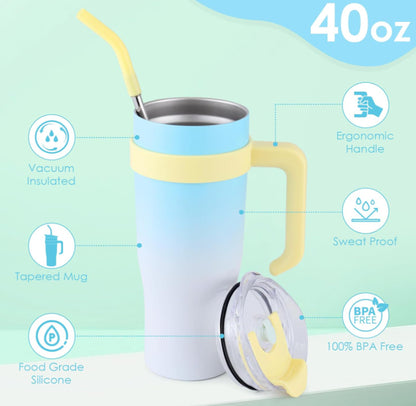 40 Oz Tumbler with Handle Straw Lid Insulated Vacuum Stainless Steel, Cold or Hot Sweat Proof Reusable