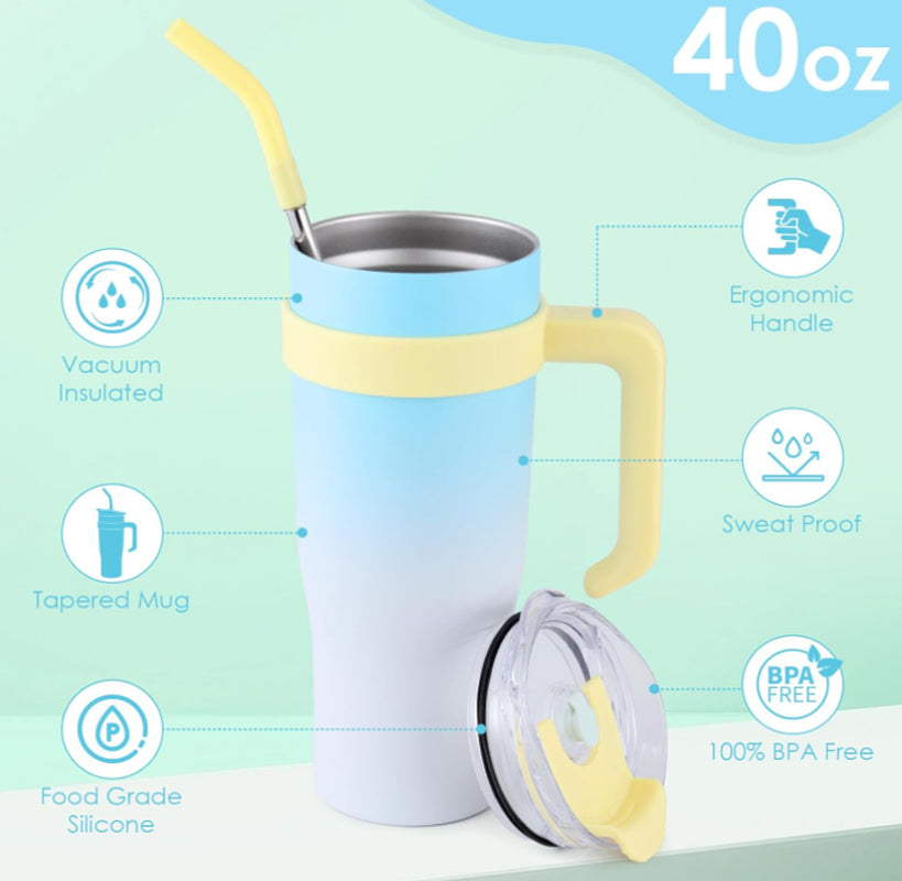 40 Oz Tumbler with Handle Straw Lid Insulated Vacuum Stainless Steel, Cold or Hot Sweat Proof Reusable