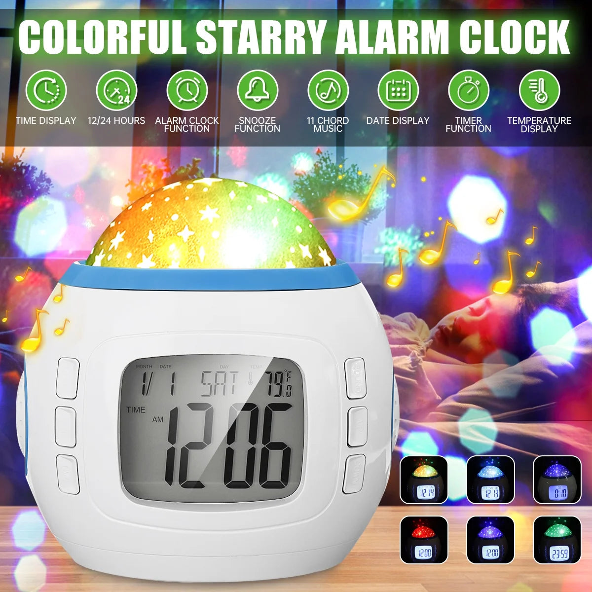 LED Projector Night Light, Digital Alarm Clock with Music 
