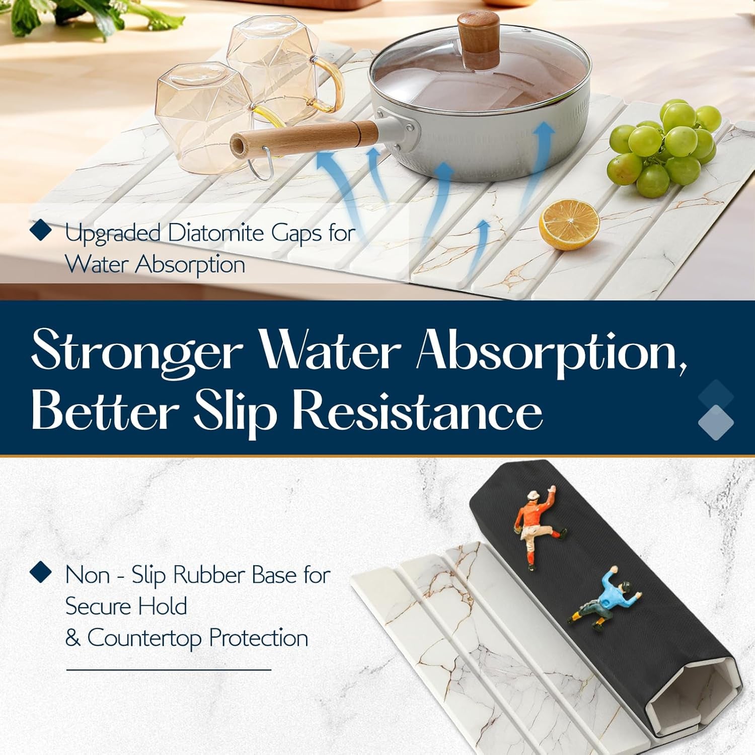 Large Stone Drying Mat for Kitchen Counter - 23.4" X 15.4" Quick Drying Foldable Dish Drying Mat - Super Absorbent Diatomaceous Earth Mat - Stone Dish Drying Mat for Cup Bottle (Marble Color)