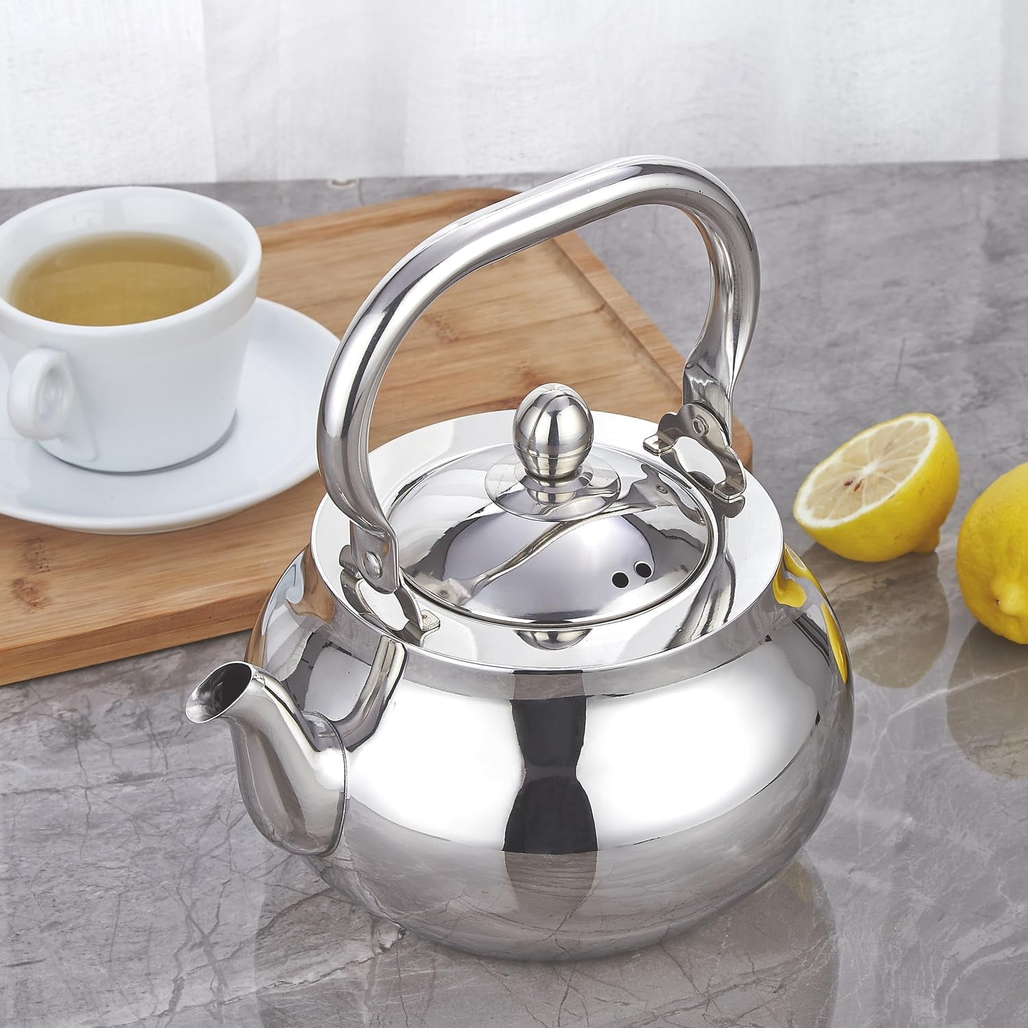 71 Oz Stainless Steel Teapot with Removeable Infuser, Thickened Mirror Polished Stovetop Tea Maker for Herbal and Infusion