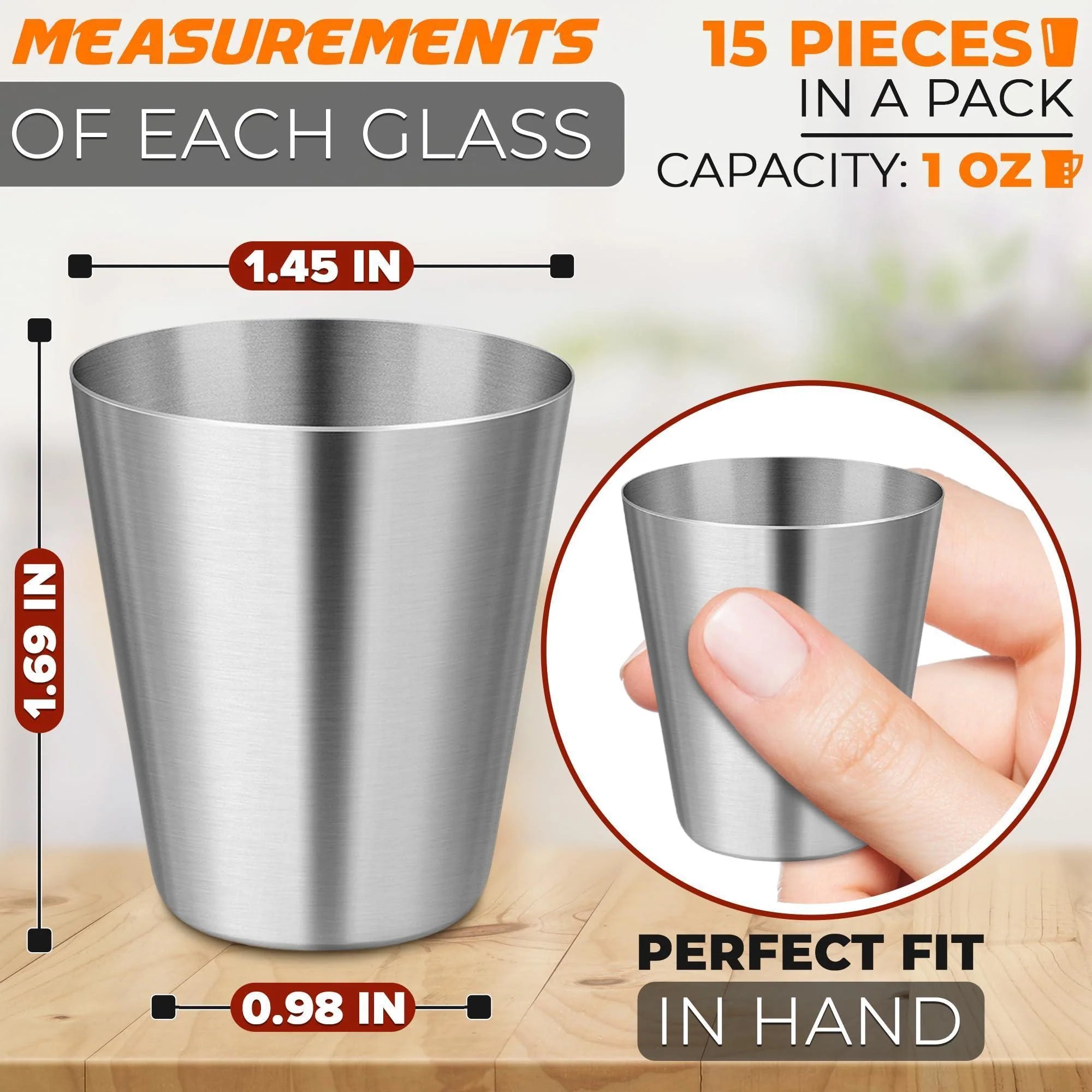 15Pcs Stainless Steel Shot Glasses Drinking Vessel Great Barware Gift, 30 ML 