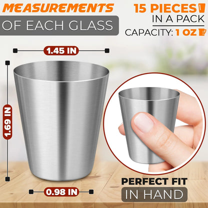 15Pcs Stainless Steel Shot Glasses Drinking Vessel Great Barware Gift, 30 ML 