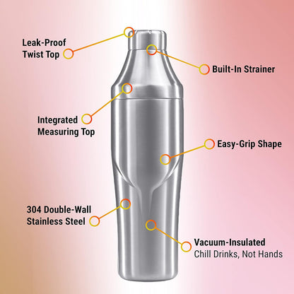 24 oz. Cocktail Shaker - Insulated Double Wall Keep Drink Chilled - No Stuck Twist Lid, Leakproof and Built-In Strainer