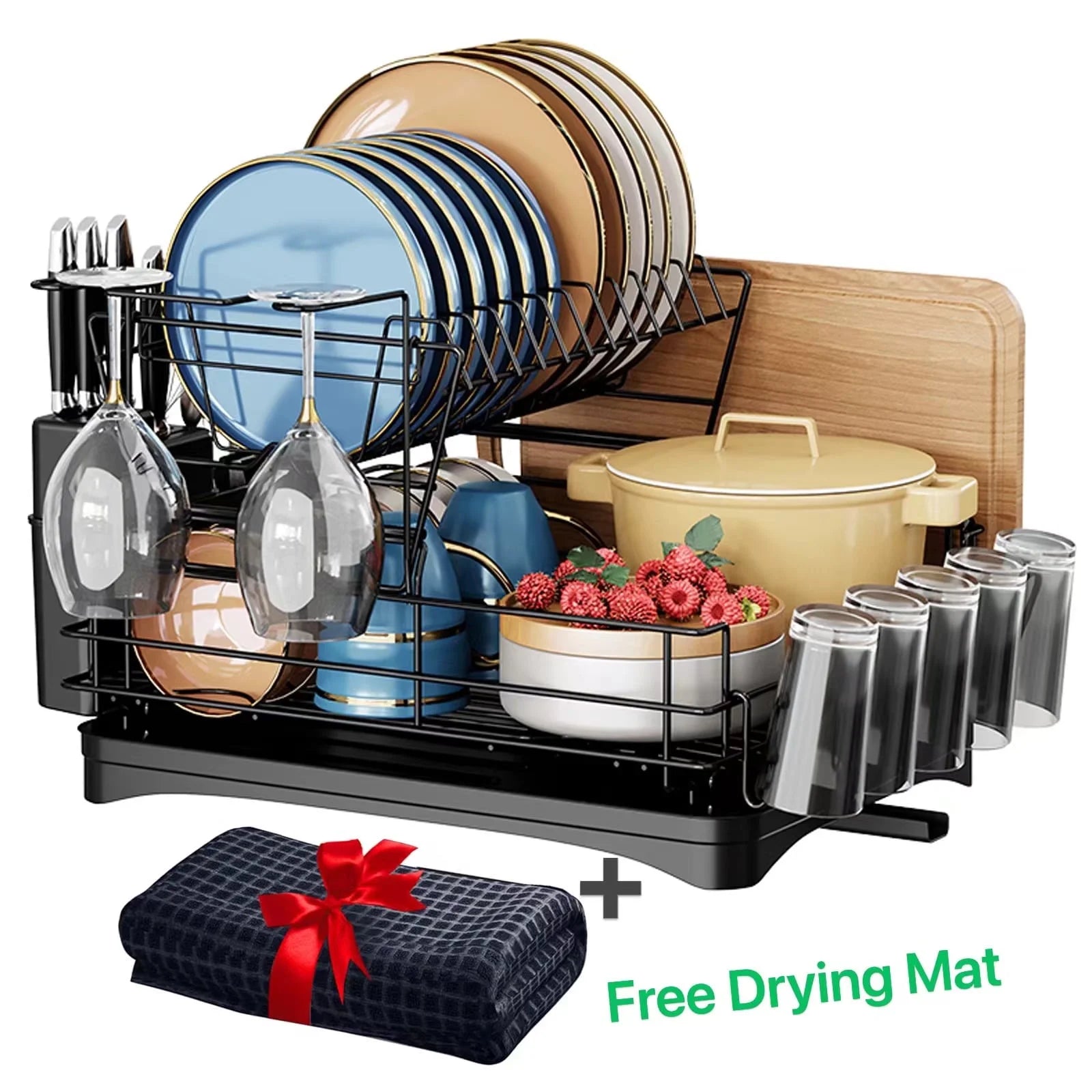 Space Saving 2 Tier Stainless Steel Dish Racks Organizer, Rust Resistant Dish Strainers - Black
