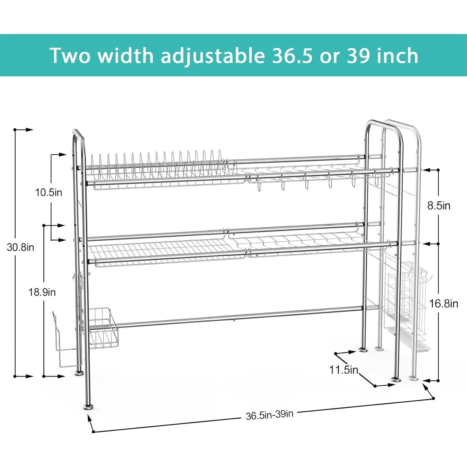 Adjustable over Sink Dish Rack 2-Tier Stainless Steel - Kitchen Drainer W/Utensil & Chopstick Holder, Silver Storage Organizer