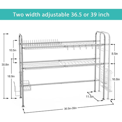 Adjustable over Sink Dish Rack 2-Tier Stainless Steel - Kitchen Drainer W/Utensil & Chopstick Holder, Silver Storage Organizer