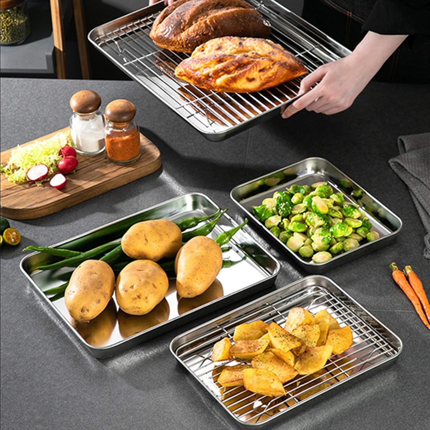 18 Inch Stainless Steel Baking Sheet Set of 2,  Healthy & Non-Toxic, Rust Free & Mirror Finish, Easy Clean & Dishwasher Safe