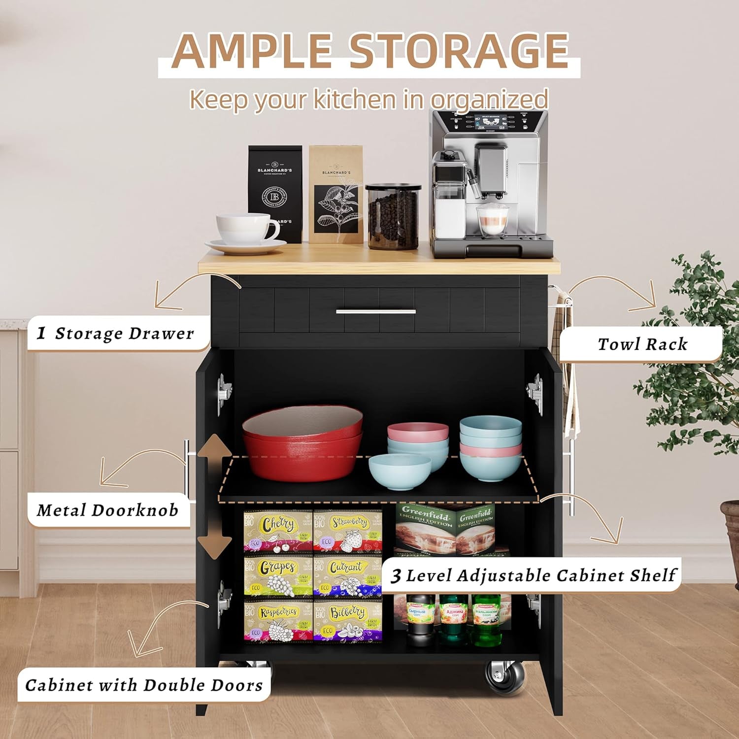 Kitchen Island Cart with Storage, Rolling Kitchen Island Side Table on Wheels with Worktop, Single Door Storage Cabinet and Drawer, Black