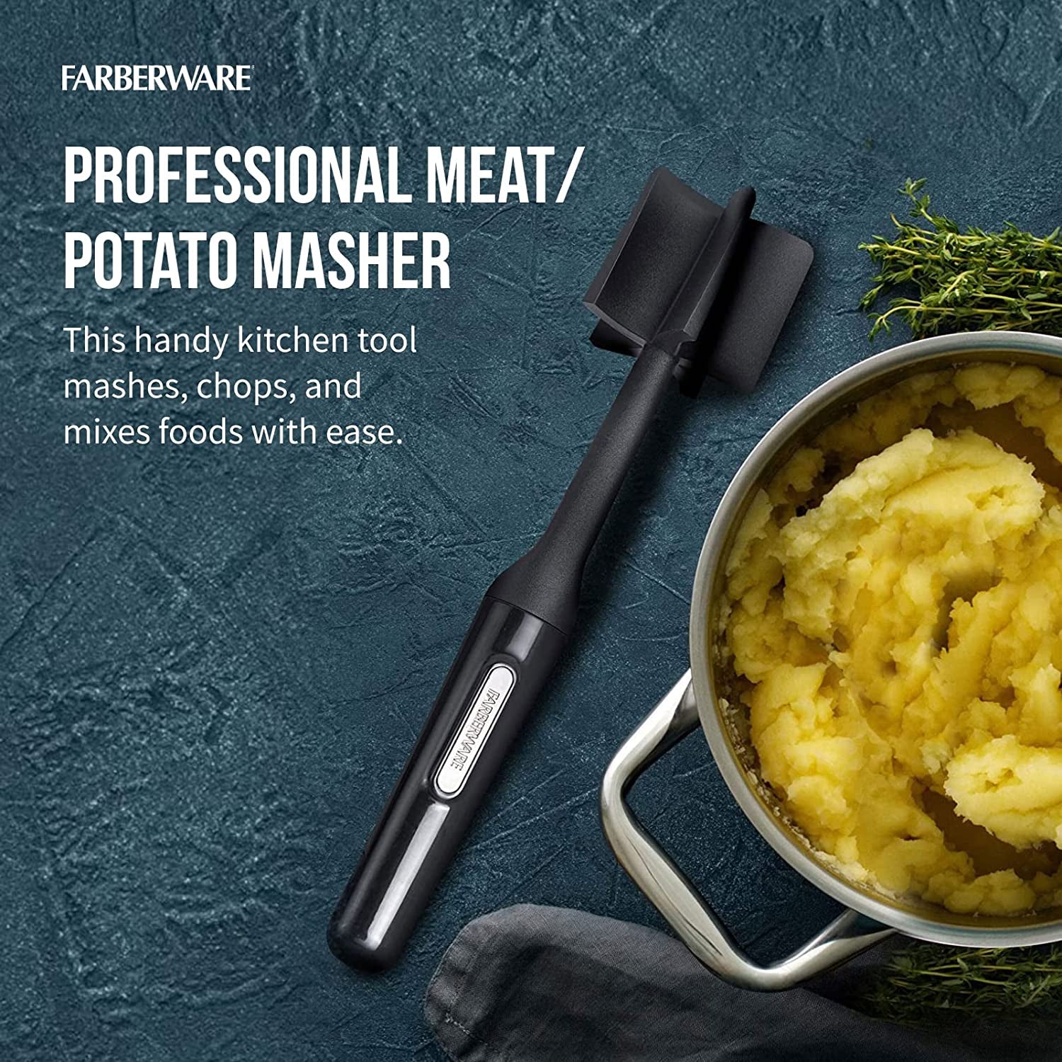 Nylon Meat and Potato Masher – 5-Blade Ground Meat Chopper, Heat-Resistant to 450°F, Safe for Nonstick Cookware, Ergonomic Handle, 10-Inch, Dishwasher-Safe, Black