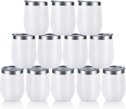 12-Pack 12oz Stainless Steel Wine Tumblers – Double Wall Vacuum Insulated with Lids & Straws
