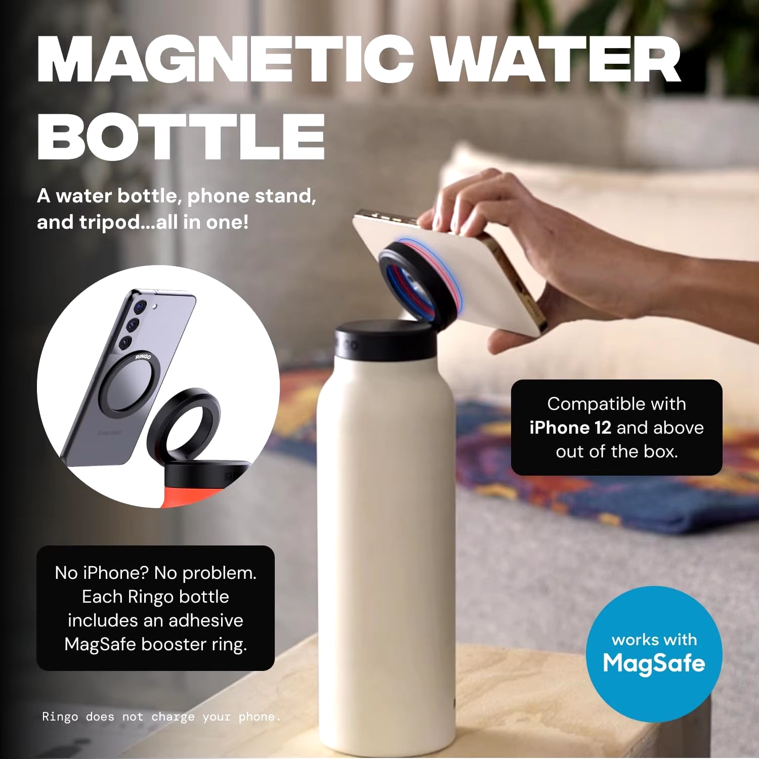 Insulated Stainless Steel Water Bottle with Magnetic Phone Tripod
