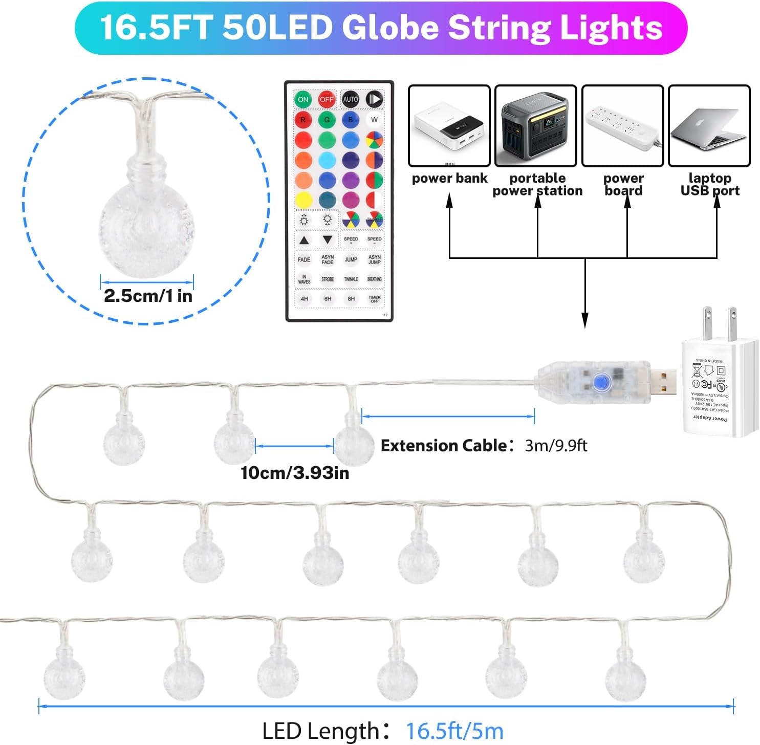 Color Changing Indoor String Light USB Plug, 16.5Ft 50 Leds Crystal Globe Fairy Lights
