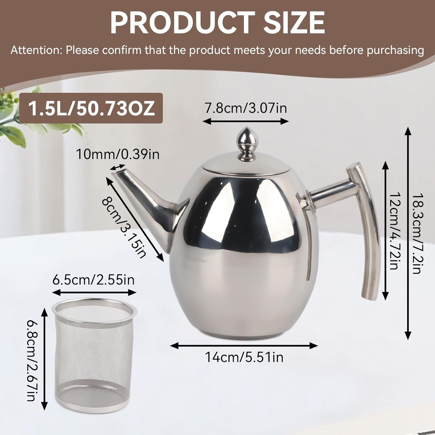 Stainless Steel Tea Pots with Infusers for Loose Tea with Filter, Lid and Strainer (1500Ml)