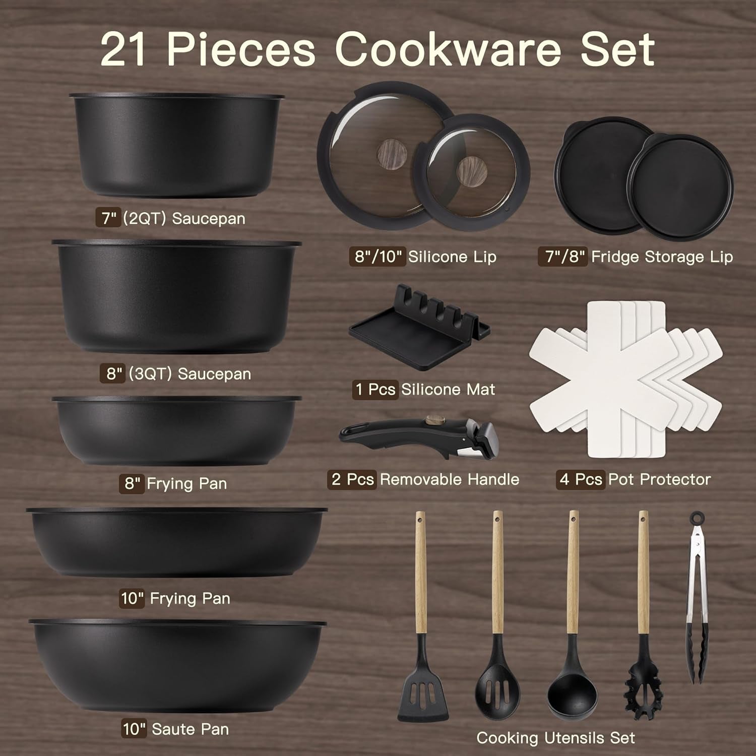 Non Stick Pots and Pans Ceramic Kitchen Cookware Set with Detachable/Removable Handle, Oven Safe, Induction Ready, 21 Pcs