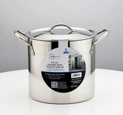 8-Qt Stainless Steel Stock Pot with Metal Lid, Ultra Durable, Stay-Cool Handles, Hand Wash Only