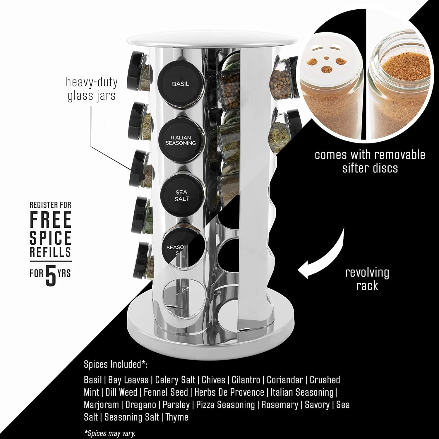 20 Jar Revolving Countertop Spice Rack with Spices Included, FREE Spice Refills for 5 Years, Polished Stainless Steel with Black Caps