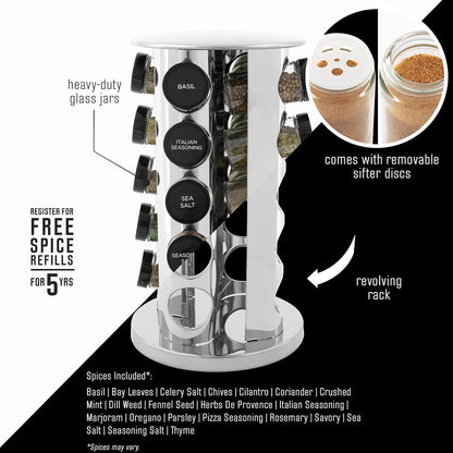 20 Jar Revolving Countertop Spice Rack with Spices Included, FREE Spice Refills for 5 Years, Polished Stainless Steel with Black Caps