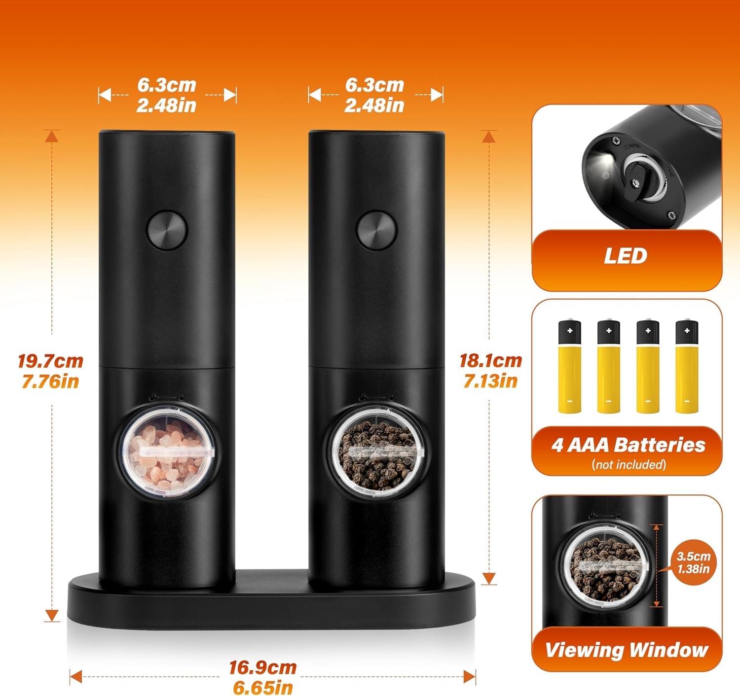 Electric Salt and Pepper Grinder Set, One Hand Adjustable Coarseness, Battery Powered, Seasoning Tools for Kitchen