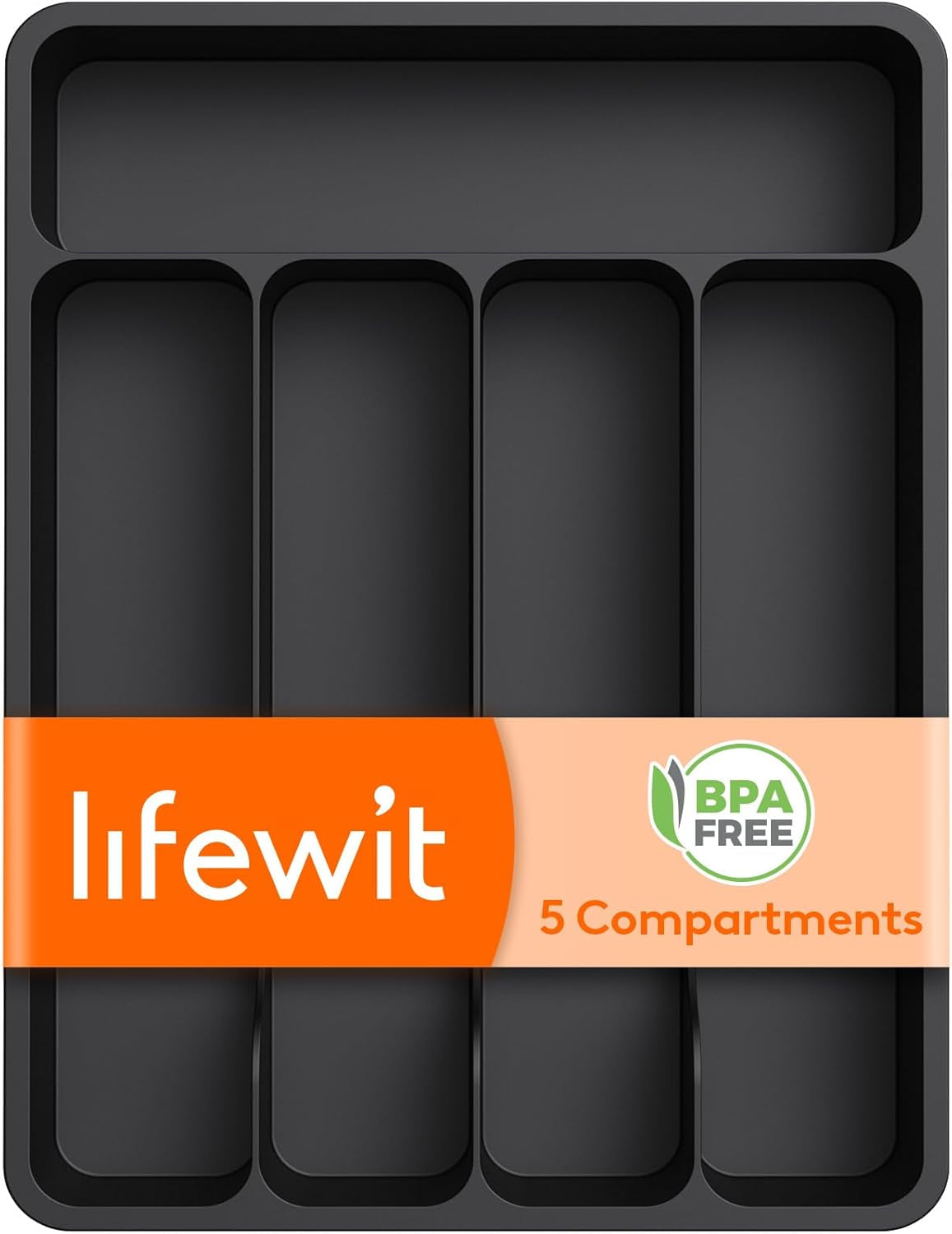5 Compartment Plastic Cutlery Storage for Kitchen Drawer, Flatware and Utensil Holder Divider for Spoons Forks Knives Tableware, Black