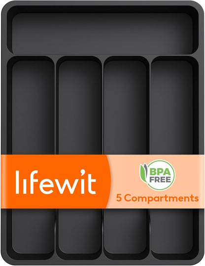 5 Compartment Plastic Cutlery Storage for Kitchen Drawer, Flatware and Utensil Holder Divider for Spoons Forks Knives Tableware, Black