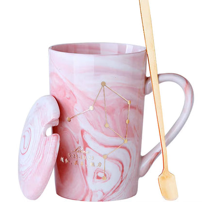 380ML  Natural Marble 12 Constellation Ceramic Pink Zodiac Mug with Lid