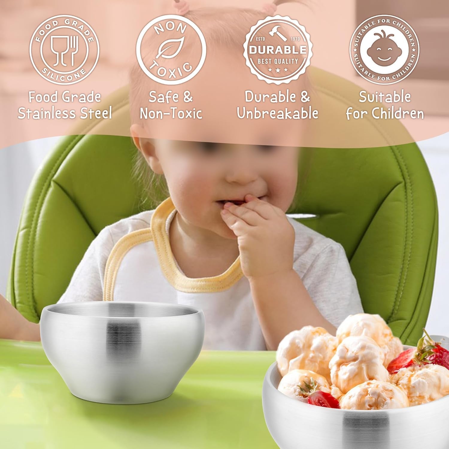  12OZ Double Walled Baby Toddler Stainless Steel Bowl, 6 Pack, Dishwasher Safe