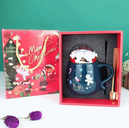 Christmas Ceramic Mugs Set with Lid and Spoon