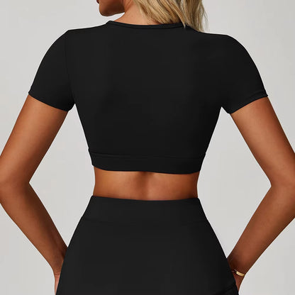 Women Pilates Training Fitness Suit Chest Cushion Yoga Suit Hollow Out Top Quick Drying Sports Short Sleeved Breathable T-Shirt