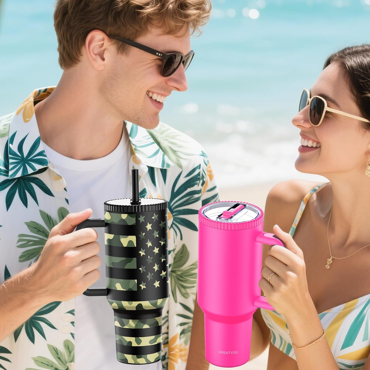 40 Oz Stainless Steel Tumbler with Handle and Flip Straw Lid - Upgraded (Camo Flag)