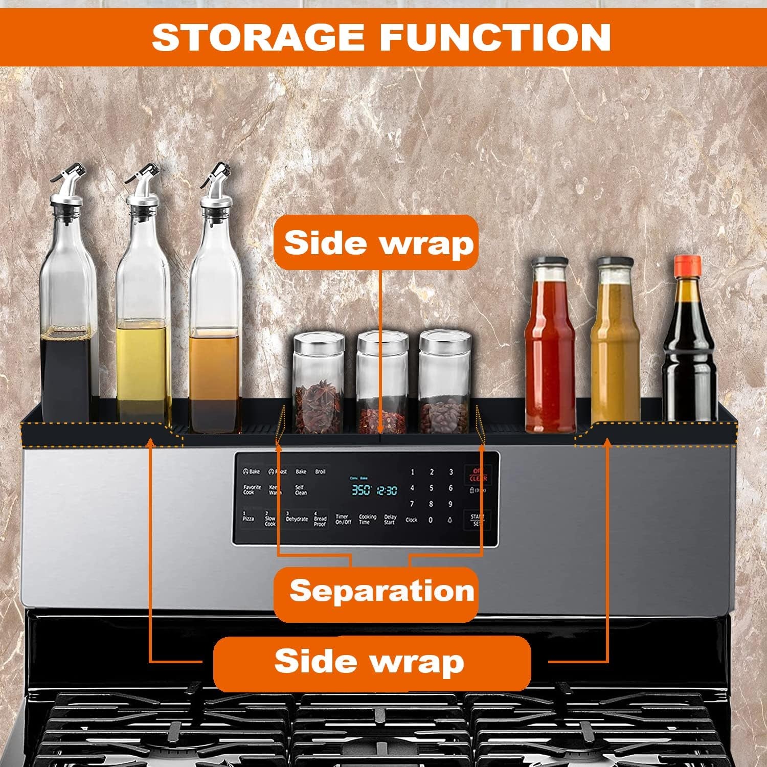 Stove Top Shelf 30 Inch - Silicone Material Magnetic Shelf for Stove - 3 Functional Partitions Kitchen Spice Rack Organizer