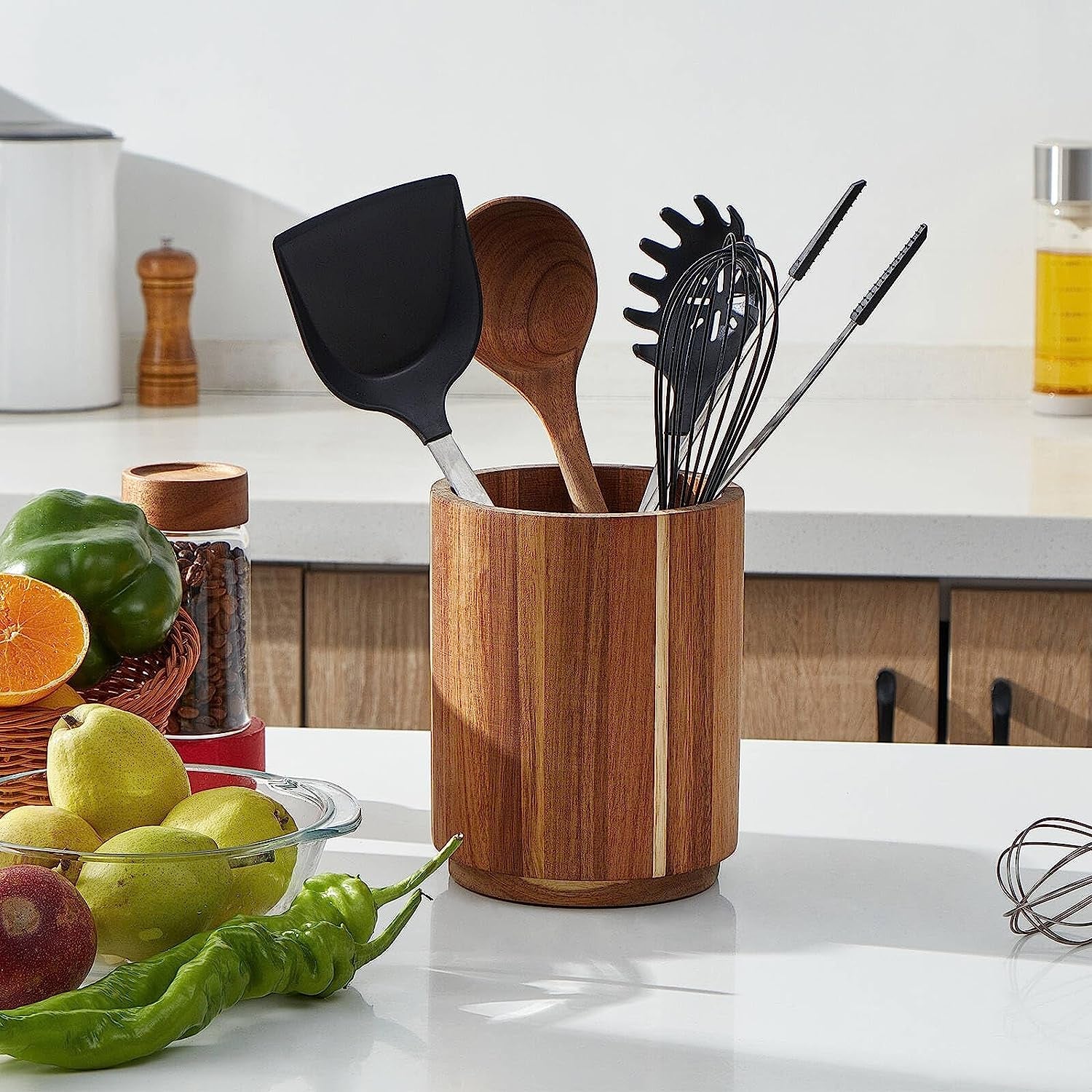 Acacia Wood Utensil Holder for Kitchen Counter, 360° Rotating 7.2" Wooden Cooking Utensil Crock for Countertop