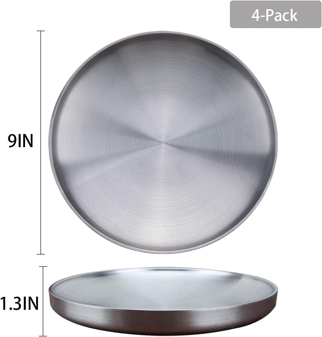 9" Stainless Steel Dinner Plate, Double-Layer round Dessert Plate - Set of 4
