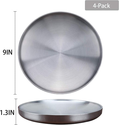 9" Stainless Steel Dinner Plate, Double-Layer round Dessert Plate - Set of 4