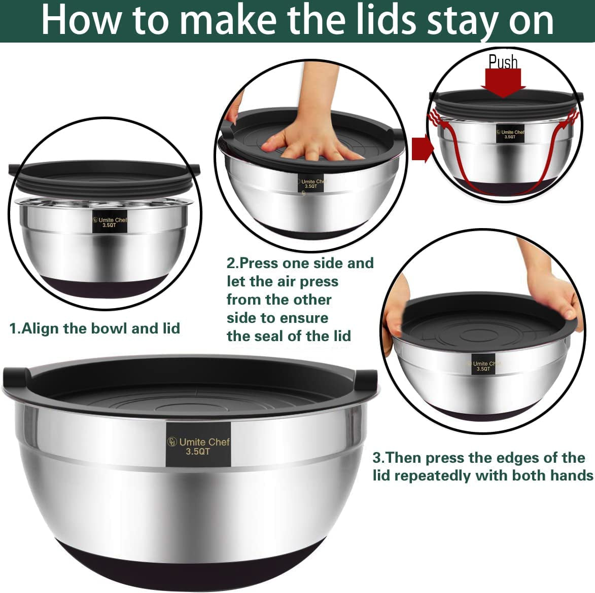 Umite Chef 6-Piece Stainless Steel Mixing Bowls with Airtight Lids