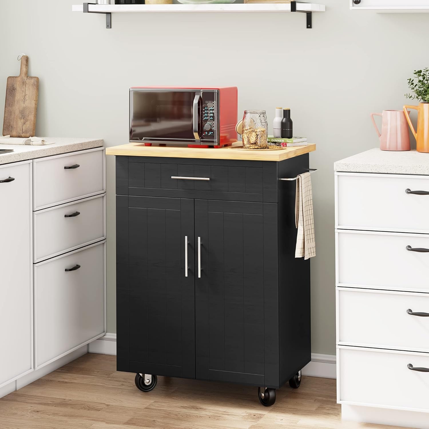 Kitchen Island Cart with Storage, Rolling Kitchen Island Side Table on Wheels with Worktop, Single Door Storage Cabinet and Drawer, Black