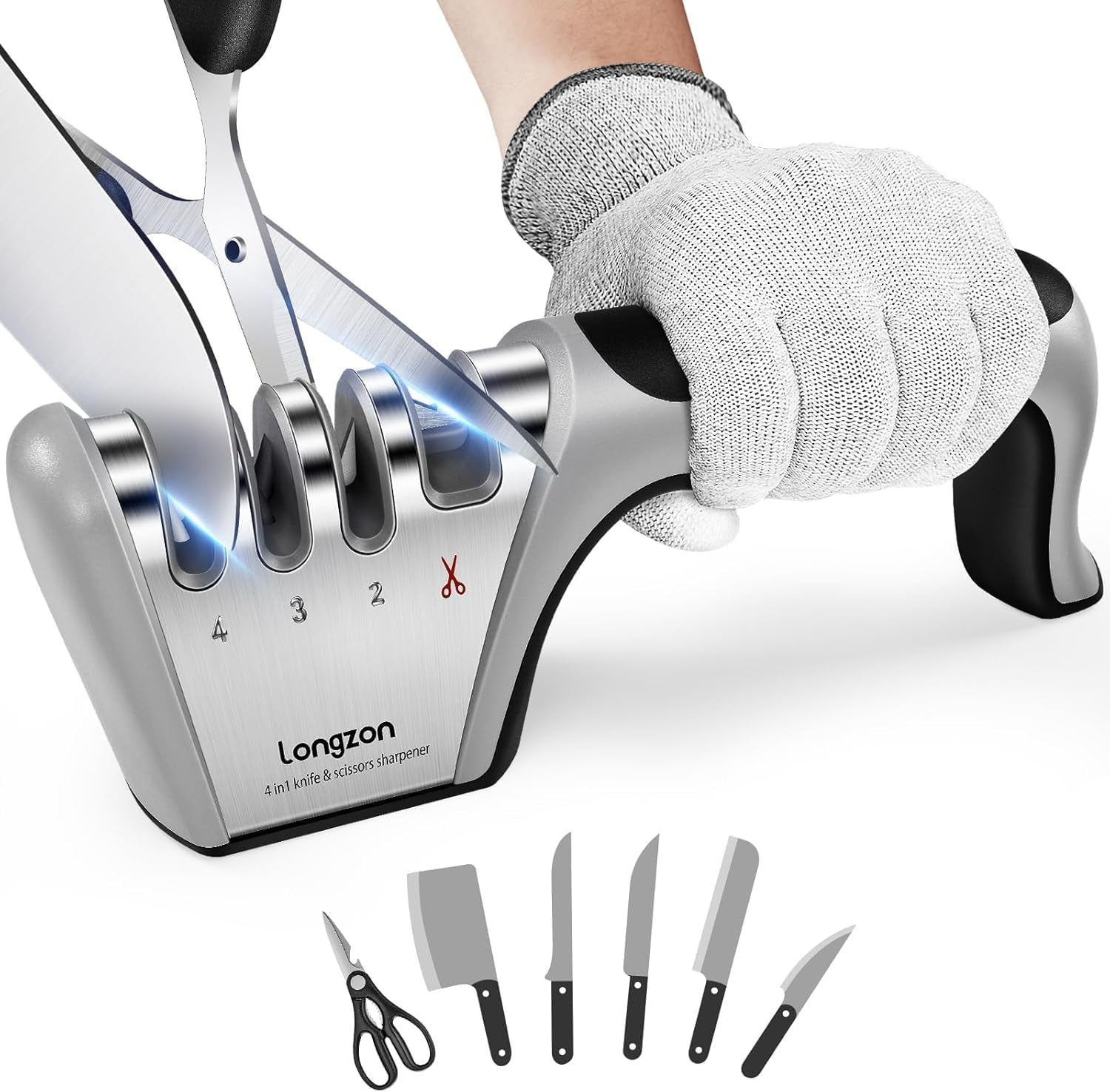 4-In-1 Knife Sharpener [4 Stage] with a Pair of Cut-Resistant Glove, Original Premium Polish Blades