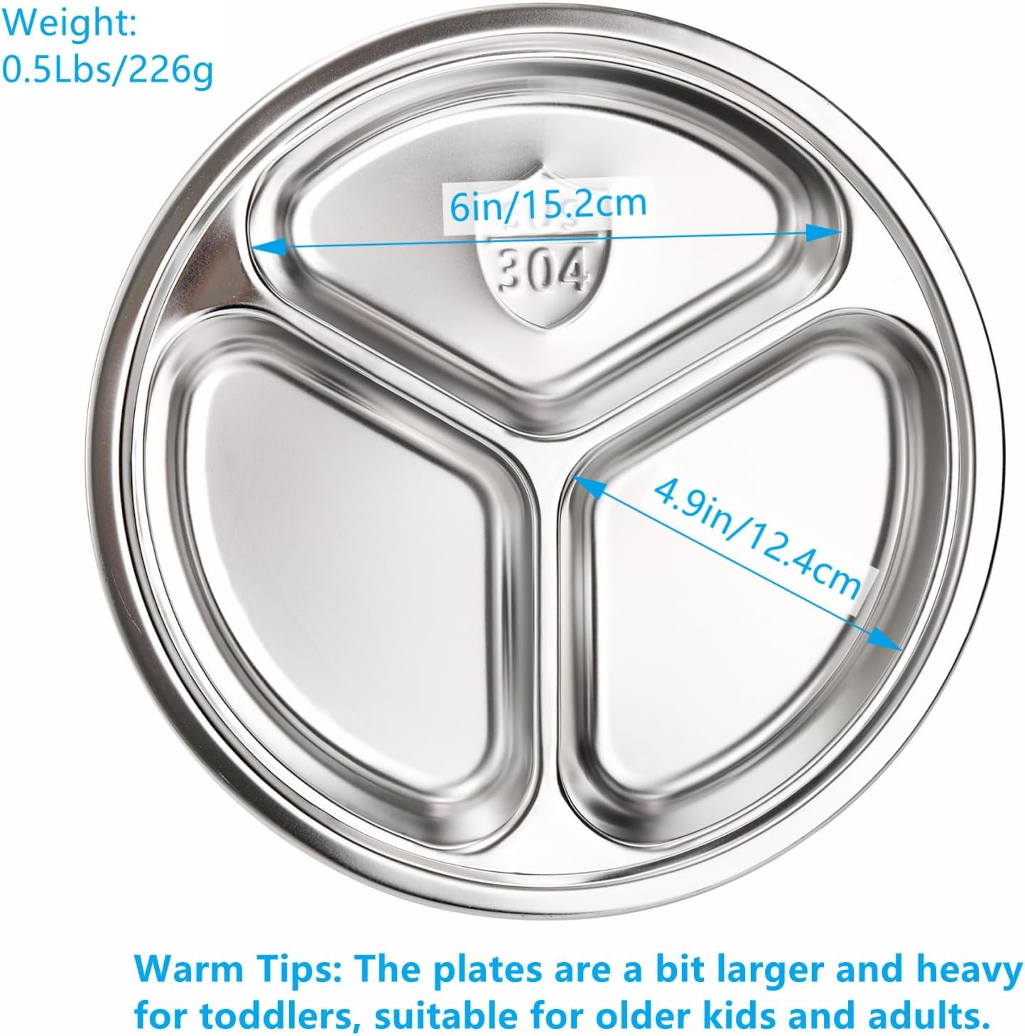 4 Pack Stainless Steel round Divided Plates, 9.5 Inch Dinner Snack Plates with 3 Compartment
