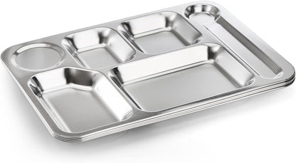 4 Pack Stainless Steel 6 Sections Rectangular Divided Dinner Tray