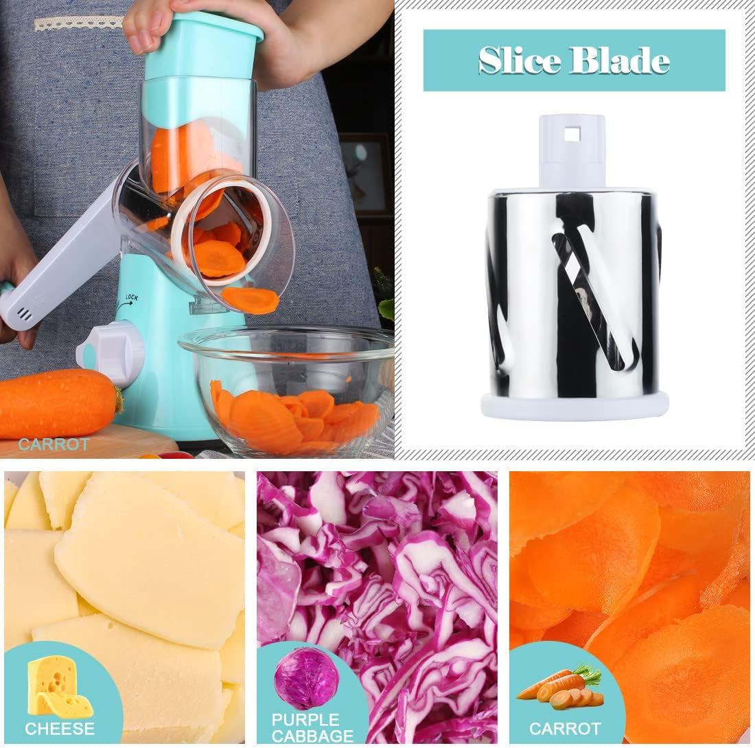 Rotary Cheese & Veggie Grater with 3 Blades – Hand Crank Slicer