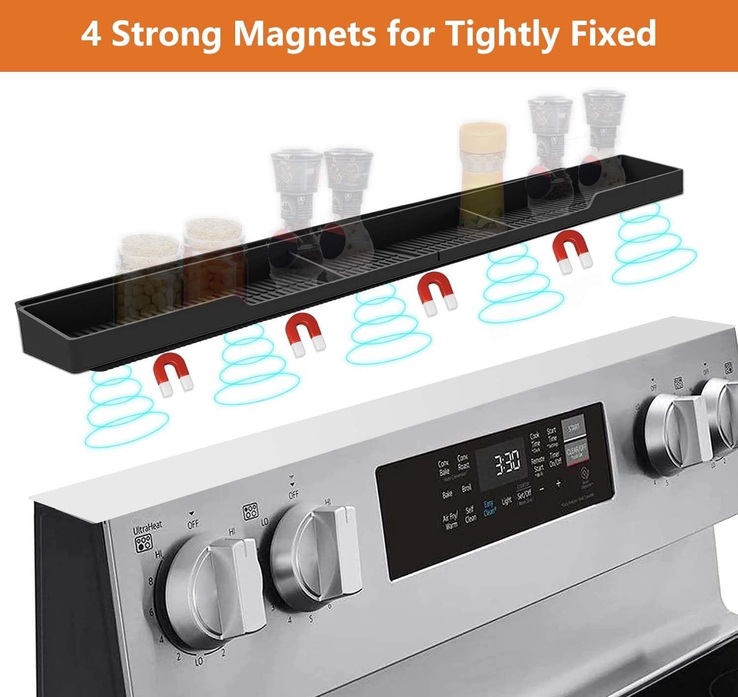 Stove Top Shelf 30 Inch - Silicone Material Magnetic Shelf for Stove - 3 Functional Partitions Kitchen Spice Rack Organizer