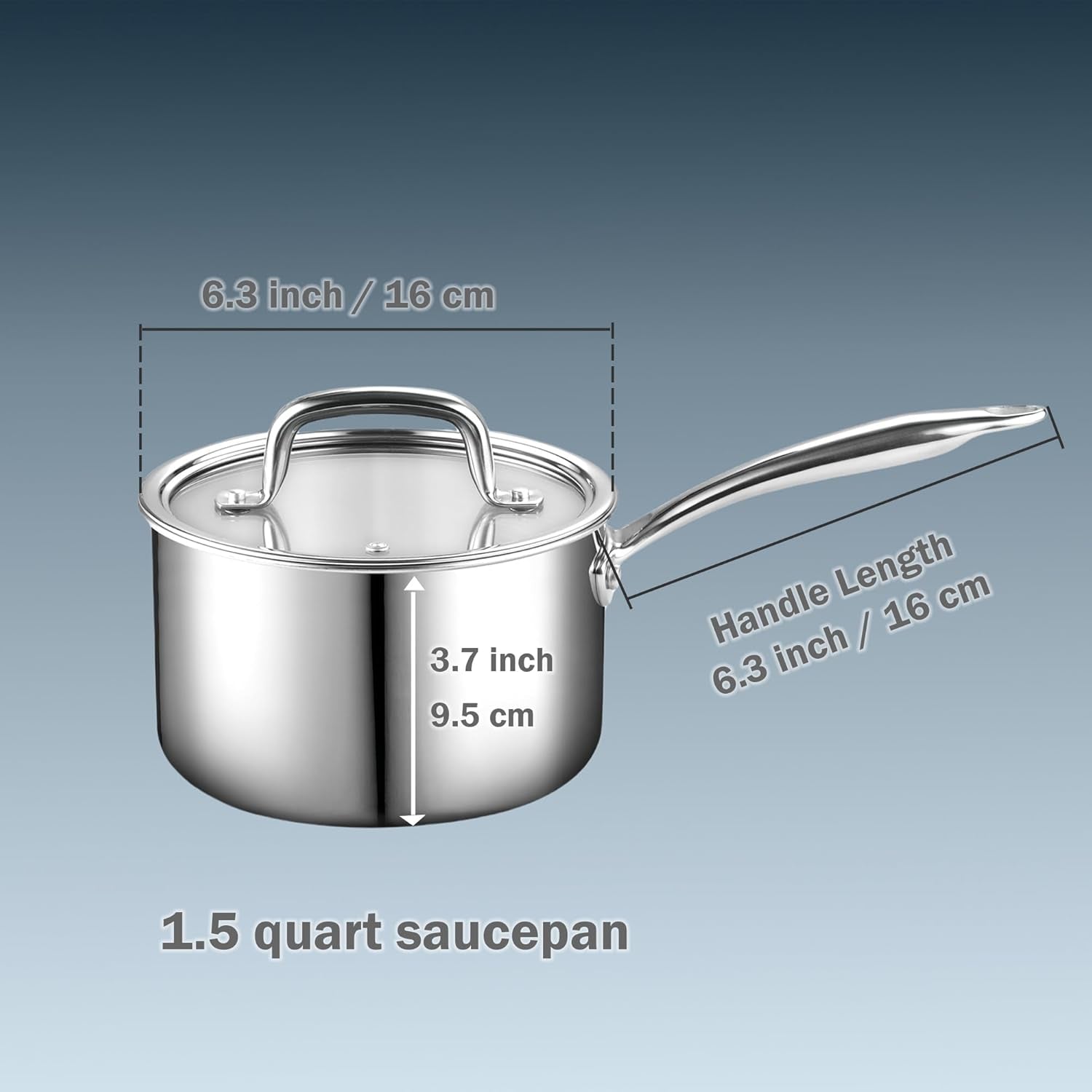 Stainless Steel Saucepan 1.5 Quart, Tri-Ply Full Clad Sauce Pan with Glass Lid, Silver