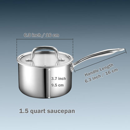 Stainless Steel Saucepan 1.5 Quart, Tri-Ply Full Clad Sauce Pan with Glass Lid, Silver