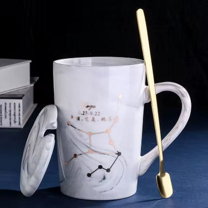 380ML  Natural Marble 12 Constellation Ceramic Pink Zodiac Mug with Lid